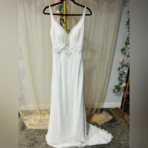 Pallas Athena Elegant White Wedding Dress with pearl and rhinestone Accents